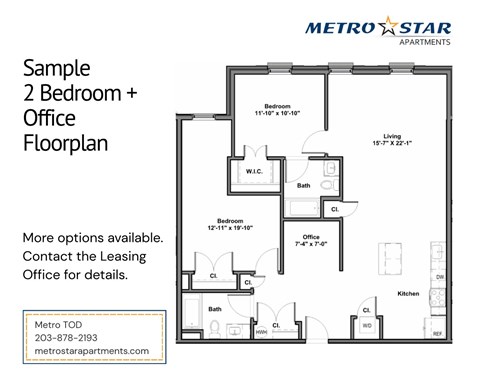 A floor plan for a 2 bedroom plus office apartment from Metro Star Apartments.